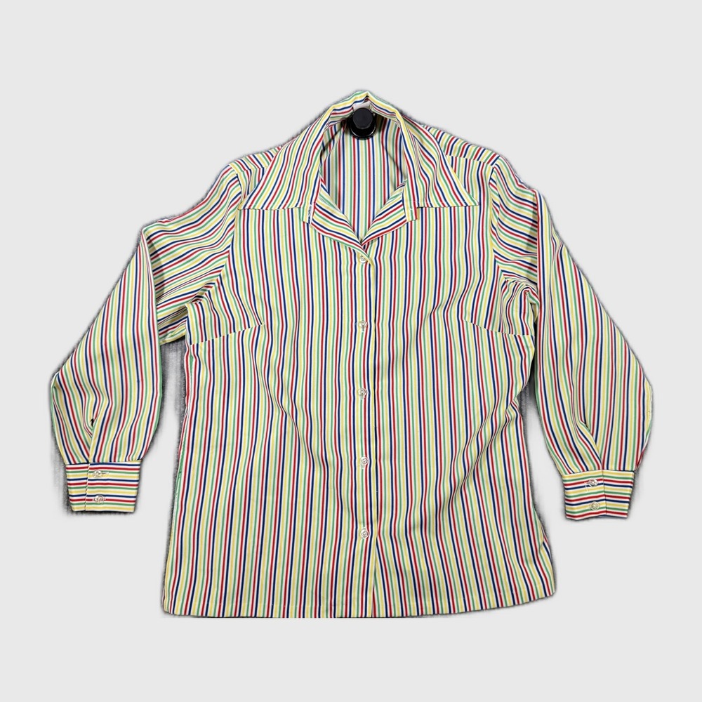 Vintage 70s Rainbow Stripe Polyester Button Up Shirt Multicolor Disco Size 40